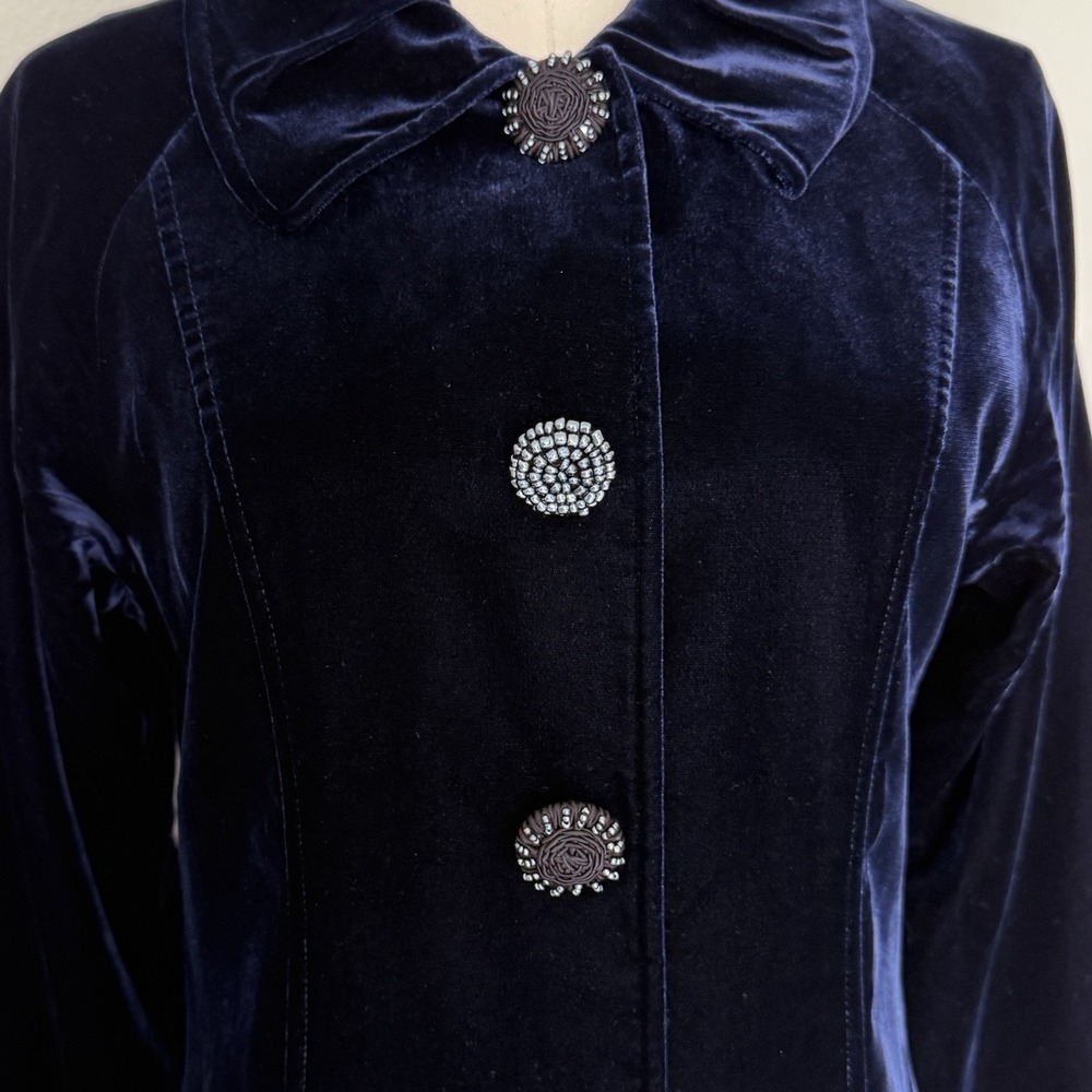 Lilly Midnight Blue Velvet Jacket Sz S Embellished Buttons Bell Sleeve Romantic - Picture 4 of 10